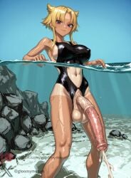 1futa ai_generated blonde_hair covered_nipples crotchless cum ejaculation futanari gloomyme horse_penis horsecock horsecock_futa horsecock_futanari horsecock_on_humanoid looking_at_viewer navel one-piece_swimsuit partially_submerged partially_underwater_shot patreon_username sideboob solo swimsuit tan_body tanline twitter_username underwater watermark wet