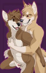 2018 5_fingers animal_genitalia animal_penis anthro anthro_on_anthro balls black_nose brown_eyes brown_fur brown_hair bryce_(lonewolfhowling) canine canine_penis claws cuddling dingo duo eye_contact fangs from_behind fur hair half-erect hand_on_chest hand_on_leg handjob holding_partner hug kneeling male mammal muscular muscular_male nude open_mouth patrikthedog pecs penis penis_tip reach_around red_eyes romantic_couple sheath simple_background smile spencer_(lonewolfhowling) tan_fur teeth tongue white_fur yaoi