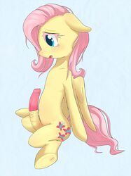 2014 blue_background blue_eyes cutie_mark dickgirl equine erection feral fluttershy_(mlp) friendship_is_magic fur hair horse horsecock intersex mammal my_little_pony open_mouth pegasus penis pink_hair plain_background pony solo vein wings yellow_fur zokkili