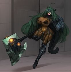 ahoge arm_at_side arm_cannon arm_up axe bodysuit breasts candy censored clawed_feet covered_penis eyes_visible_through_hair eyewear_on_head female food full_body futanari green_eyes green_hair hair_between_eyes highres holding holding_axe huge_ahoge impossible_bodysuit impossible_clothes large_breasts lollipop lollipop_in_mouth long_hair mechanical_tail mosaic_censoring original platinum1945 skin_tight standing standing_on_one_leg stone_wall tail very_long_hair weapon