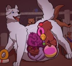 anal anal_vore anthro ball_(object) boilingbismuth canid canine canis domestic_dog feral group hose hose_in_butt hose_inflation humanoid inflatable inflation internal male mammal mustelid organs otter pump trio vore what wolf