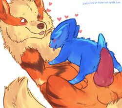 2013 age_difference arcanine blush canine closed_eyes cute duo electrike electrikedeathstrike erection female feral fur happy happy_sex heart imminent_sex knot lying male mammal nintendo on_back penis pokemon pokemon_(species) rubbing sex size_difference straight tongue tongue_out video_games