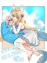 beach blonde_hair cat_ears crab dress furry sameko_saba shark_tail swimwear