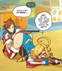 1boy 1girls amusement_park ass ass_up blonde_female charlotte_vanders female kamen_america kamen_america_(character) kamen_america_(series) male official_art shotgun youtube