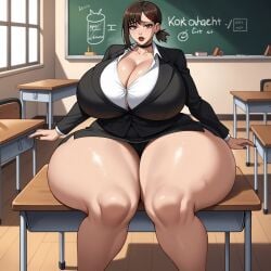 ai-created ai_art ai_generated big_lips brown_hair brown_lipstick brown_nail_polish chainsaw_man classroom collar female female female_only huge_breasts huge_thighs kobeni_higashiyama lipstick nail_polish scorpyfemboy sexy.ai teacher wide_hips