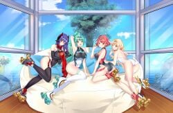 4girls absurdres alluring android blonde_hair chest_jewel competition_swimsuit highres large_breasts long_hair multiple_girls mythra mythra_(radiant_beach)_(xenoblade) mythra_(xenoblade) ocean okazakileo one-piece_bikini pneuma_(xenoblade) poppi_(xenoblade) poppi_qtpi_(xenoblade) pyra pyra_(pro_swimmer)_(xenoblade) pyra_(xenoblade) red_eyes red_hair roller_skates short_hair skates swept_bangs swimsuit very_long_hair xenoblade_(series) xenoblade_chronicles_2 yellow_eyes