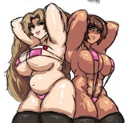2girls abs belly hand_behind_head huge_breasts limbus_company littleteze outis_(limbus_company) project_moon rodion_(limbus_company)