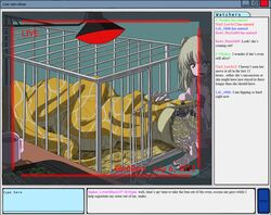 ambiguous_gender blonde_hair blue_eyes breasts cage dialog english_text female feral hair heat_lamp human mammal maria maya maya_(thebigbrap) open_mouth red_eyes reptile scalie sibling sisters small_breasts snake stomach_bulge text thebigbrap underwear vore webcam young