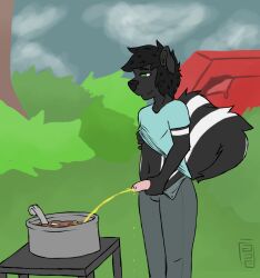 anthro black_body black_fur bodily_fluids camping clothed clothing clothing_lift exhibitionism food food_fetish food_play foreskin fur genital_fluids genitals green_eyes hi_res jillie jillie_(sweetcreamtea) male mammal mephitid navel omorashi peeing penis shirt shirt_lift skunk solo soup stew sweetcreamtea topwear uncircumcised unretracted_foreskin urine urine_stream watersports