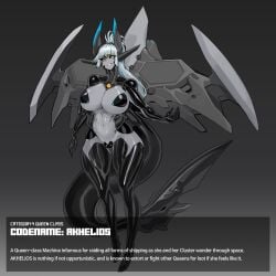absurdres arm_up arms_at_sides black_sclera black_thighhighs body_modification breasts cleavage colored_sclera colored_skin corruption covered_nipples covered_pussy cyborg english_text female fins fish_tail full_body gradient_background high_heels highres horns large_breasts light_smile mechanization navel original platinum1945 ponytail robot robot_ears shark_tail tail teeth thighhighs third_eye third_eye_on_chest white_skin yellow_eyes