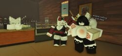 2girls 3d angry areolae big_breasts blush breasts_out cleavage coffee_shop english_text furry furry_breasts furry_female furry_tail nipples nsfwklown public_exposure roblox roblox_avatar roblox_studio robloxian sleep tagme text thick_thighs wolf wolf_girl