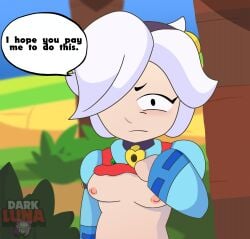 brawl_stars colette_(brawl_stars) dialogue only_female semi_nude white_hair