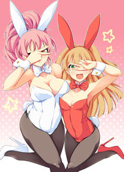 2girls artist_request bowtie bunny_costume bunny_ears bunny_tail bunnygirl bunnysuit detached_collar female female_only idolmaster idolmaster_cinderella_girls jougasaki_mika jougasaki_rika multiple_girls pantyhose v wrist_cuffs