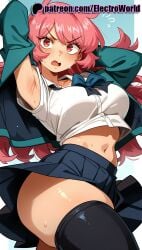 1girls 2025 ai_generated armpits artist_name blue_bow bow electroworld female hi_res high_quality high_resolution highres jacket long_hair navel open_mouth patreon patreon_username pink_hair remi_(unordinary) skirt stable_diffusion sweat thighhighs unordinary watermark