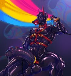 anthro astro_(astrothedoberman) balls big_balls big_penis black_latex black_penis bodily_fluids canid canine canis clothing dobermann domestic_dog erection fangs genital_fluids genitals glistening glistening_eyes harness hi_res huge_balls huge_cock humanoid_genitalia humanoid_penis latex latex_clothing latex_skinsuit lgbt_pride male male_anthro mammal muscular muscular_anthro muscular_male narrowed_eyes nipple_outline pansexual_pride_colors penis pinscher precum precum_string pride_colors red_eyes red_harness signature skinsuit smogville solo teeth tight_clothing