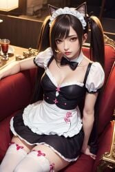 ai_generated animal_ears apron bangs black_eyes black_hair bow bowtie breasts brown_eyes cat_ears cleavage dress female frills lips maid maid_apron maid_headdress ribbon-trimmed_legwear ribbon_trim short_sleeves sitting solo thighhighs twintails waist_apron white_legwear