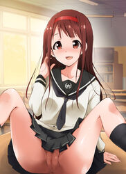 blush brown_eyes brown_hair censored female hairband idolmaster idolmaster_million_live! kaiga long_hair looking_at_viewer no_panties open_mouth pubic_hair pussy school_uniform serafuku sitting skirt smile solo spread_legs tanaka_kotoha