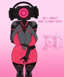 barely_clothed barely_contained_breasts bodycon breasts breasts_bigger_than_head cleavage exposed_shoulders female glitter_dress headphones large_breasts large_thighs nosebleed pink_background robot robot_girl robot_humanoid robot_joints skibidi_toilet speaker_head speaker_woman_(skibidi_toilet) speakerwoman speakerwoman_(skibidi_toilet) text thick_hips thick_legs thick_thighs tight_clothes tight_clothing tv_head tv_woman_(skibidi_toilet) tvwoman_(skibidi_toilet)