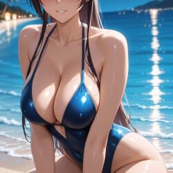 2025 ai_generated beach_background blue_swimsuit brown_hair_female instagram looking_at_viewer meta nipples_visible_through_clothing sitting_on_ground smile_at_viewer smiling_at_viewer teeth_showing ten01c unknown_character wet_body wet_skin wet_swimsuit