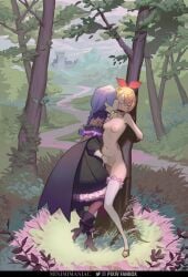 2girls absurdres against_tree arms_behind_back artist_name black_boots black_cloak black_dress black_shoes blonde_hair blue_hair blush boots bow_hairband braid braided_ponytail breasts castle cleave_gag cloak closed_eyes cloth_gag clothed_female_nude_female cloud cloudy_sky commentary dappled_sunlight dress english_commentary fingering forest gag gagged gloves grass hairband hand_on_another's_back highres improvised_gag kissing kissing_cheek meili_portroute minimimaniac multiple_girls naked_shoes nature nipples nude outdoors path petra_leyte pussy pussy_juice re:zero_kara_hajimeru_isekai_seikatsu red_hairband shoes short_hair sky small_breasts standing standing_on_one_leg sunlight thighhighs tree white_thighhighs white_wrist_cuffs wrist_cuffs yuri