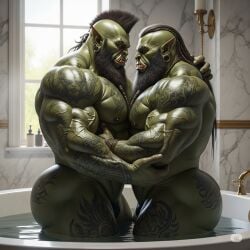 ai_art ai_generated ai_generated_video ass bath bathroom beard black_beard black_hair green green_body green_skin male male_only muscles muscular muscular_male orc orc_male piercing piercings tattoo tattoos water