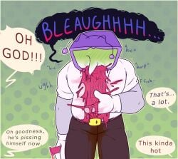 bulge cl0ckability deltarune digital_media_(artwork) drunk peeing puke sequence sick slightly_chubby_male tenna_(deltarune) urine vomit