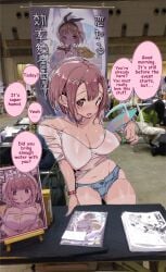1girls atelier_(series) atelier_ryza bangs_between_eyes big_breasts big_thighs blue_shorts blush blush blushing_at_viewer breasts brown_eyes brown_hair chris_(mario) collar crop_top denim denim_shorts english english_text english_translation fan female hair hairclip hairpin hotpants navel nipple_bulge real_background reisalin_stout shoulder_length_hair shoulders sitting sitting_on_chair sole_female speech_bubble speech_bubbles suntan tanline tanlines thicc_thighs tokyo_big_sight translated