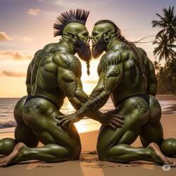 ai_generated ass beach beard black_beard black_hair green green_body green_skin male_only muscles muscular muscular_male orc orc_male piercing piercings sand sea tattoo tattoos water