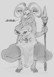 1futa big_breasts big_penis big_thighs caprine clothing covered_penis dialogue elden_ring elden_ring_nightreign english_text female female_only fromsoftware futanari goat greyscale hi_res hooves horns intersex libra_creature_of_night looking_at_viewer multi_eye penis_silhouette saltyxodium sketch solo spread_legs spreading squatting staff talking_to_viewer text thick_thighs