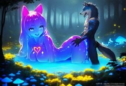 1boy 1girls absurd_res ai_generated anthro ass ass_grab canid canine canis colored_extremities colored_inner_hair cum cum_in_pussy cum_inside female forest forest_background forest_sex from_behind furry giantess glistening_body glowing_cum glowing_markings glowing_mushroom happy_sex heart_shaped_tattoo hi_res highres lake long_hair male mushroom novelai penetration purple_slime size_difference slim_waist slime slime_girl smaller_male smile thick_thighs thighs transparent_body werewolf wolf