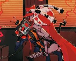 blue_jacket ev.evsy fishnet_legwear fishnets grey_skin hazbin hazbin_hotel heart heart_symbol imminent_sex landline landline_phone male moth no_pupils no_sex(yet) orange_jacket phone red_cape red_eyes tagme top_hat tophat tv_head valentino_(hazbin_hotel) vivienne_medrano vivziepop vox_(hazbin_hotel)