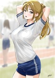 1futa background_character blonde_hair blue_eyes blush bulge bulge_through_clothing casual futa_focus futanari hands_behind_head ponytail shorts solo_focus track_and_field track_pants track_uniform yuzuru_yuzu2024