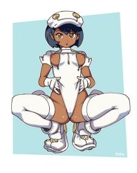 :o black_hair breasts brown_eyes cabbie_hat dark_skin female full_body gloves hat light_areolae looking_at_viewer medium_breasts nipples short_hair solo squatting striped thigh_strap thighhighs white_footwear white_gloves white_headwear white_legwear