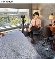 1boy 2girls absurdres black_pants black_socks boku_no_hero_academia brown_hair brown_shoes camera chair closed_mouth collared_shirt cuck_chair cuck_chair_(meme) english_text female freckles gloves green_eyes green_hair hagakure_toru highres indoors invisible izuku_midoriya khyle. khyleri looking_at_viewer male male_focus midoriya_izuku multiple_girls my_hero_academia necktie ochako_uraraka pants photo_inset red_necktie scar shirt shoes short_hair smile socks tooru_hagakure uraraka_ochako white_shirt