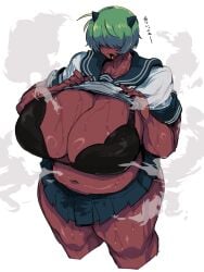 1girls big_breasts big_breasts blinding_bangs breasts breasts chubby chubby_female clothed clothed_female demon demon_girl demon_horns demoness female female_focus female_only green_hair green_hair_female hair_over_eyes large_boobs large_breasts midriff red_skin red_skinned_female school_girl school_uniform schoolgirl schoolgirl_uniform short_hair short_hair_female shy shy_female skirt stomach tall_female tall_girl tall_woman tummy warawaranka