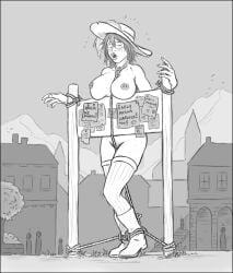 1girls bondage bound_ankles bound_wrists full_body hat monochrome nude nude_female original public_bondage public_nudity solo wuulfenblade