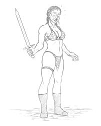 1girls chainmail_bikini evellyn_(wuulfenblade) full_body monochrome original_character solo sword wuulfenblade
