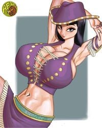 1girls armpits artfoo_1 bare_arms bare_legs bare_shoulders bare_thighs big_breasts black_hair blue_eyes breasts_bigger_than_head clothed clothing color female female_focus female_only hat hi_res large_breasts light-skinned_female light_skin long_hair looking_at_viewer massive_breasts nico_robin one_piece shounen_jump solo solo_female tagme thick_thighs
