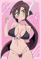 1girls aile bikini black_bikini black_bra black_g-string blush brown_hair buzzlyears green_eyes hand_behind_back hand_up long_hair mega_man mega_man_zx ponytail pussy tongue_out two_fingers_up