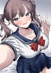 1futa blue_eyes blush brown_hair bulge bulge_through_clothing erection erection_under_clothes erection_under_skirt futanari pleated_skirt school_uniform schoolgirl skirt solo tenting twintails v_sign yuzuru_yuzu2024