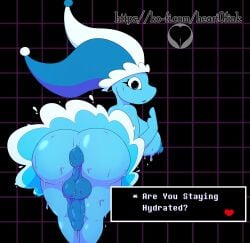 absurd_res anthro anus backsack balls bodily_fluids breasts clothed clothing deltarune fool's_hat foreskin genitals hat headgear headwear heart0fink_(artist) herm hi_res intersex jester looking_back mizzle_(deltarune) nipples penis puffy_anus solo sweat undertale_(series) upskirt