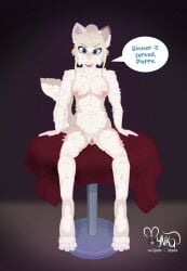 anthro areola blonde_hair blue_eyes blush bodily_fluids breasts digital_media_(artwork) dirty_paws_(copyright) domestic_cat english_text felid feline felis female fur furniture genital_fluids genitals hair hi_res humanoid_genitalia humanoid_vulva looking_at_viewer mammal mynka nipples nude on_table open_mouth presenting pubes public public_nudity restaurant selene_(dirtypaws) sitting sitting_on_table smile solo speech_bubble spread_legs spreading table tablecloth tail tan_body tan_fur text vaginal_fluids vulva
