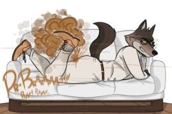 ass belt brown_fart_cloud brown_fur canid clothed clothing couch dreamworks dress_shirt fart fart_cloud farting furniture gas glasses grin hand_on_head looking_back male male_only mr._wolf_(the_bad_guys) odka pants raised_tail sharp_teeth shoes smile sparkles tail the_bad_guys wolf yellow_eyes