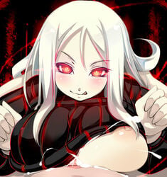 blush breasts energy_drain female femdom glowing glowing_eyes kantai_collection large_breasts long_hair looking_at_viewer male nipples paizuri pale_skin penis personification red_eyes ribbed_sweater shiki_(psychedelic_g2) shinkaisei-kan smile solo_focus straight sweater ta-class_battleship white_hair