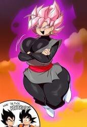 ai_generated anthro big_breasts black_hair bodily_fluids breasts clothed clothing crossed_arms dialogue dragon_ball dragon_ball_z english_text female goku goku_black group hair hedgehog hellsonger hi_res human male mammal max_goof pink_hair smile sweat sweatdrop text trio vegeta