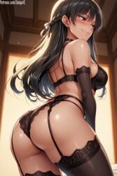1girls ai_generated ass ass_focus black_bra black_garter_belt black_gloves black_hair black_panties black_thighhighs blush bra braided_hair choker classroom_of_the_elite elbow_gloves female female female_only from_side garter_belt garter_straps horikita_suzune lace-trimmed_bra lace-trimmed_garter_belt lace-trimmed_gloves lace-trimmed_panties lace-trimmed_thighhighs lingerie lingerie_only long_hair looking_away medium_breasts panties patreon red_eyes salupai smile solo solo_female standing thick_thighs thighhighs thighs uncensored watermark youkoso_jitsuryoku_shijou_shugi_no_kyoushitsu_e