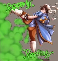 brown_hair bubble_butt capcom chro-sis chun-li commission enjoying_farting fart fart_cloud fart_fetish farting female leg_up looking_pleasured simple_background street_fighter thick_thighs