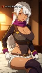 a_rank_party_o_ridatsu_shita_ore_wa_moto_oshiego-tachi_to_meikyuu_shinbu_o_mezasu adjusting_legwearsilk_amberwood ai_generated bed belt black_leotard black_thighhighs braid breasts brown_belt cleavage covered_navel crossed_legs dark-skinned_female dark_elf dark_skin earrings elf eyeshadow female gloves grey_hair hair_ribbon highleg highleg_leotard i_left_my_a-rank_party_to_help_my_former_students_reach_the_dungeon_depths indoors jewelry lamp large_breasts leotard lipstick long_hair long_sleeves looking_at_viewer makeup meitabuu on_bed orange_eyes parted_lips pointy_ears purple_scarf red_lips ribbon scarf short_shorts shorts sitting solo thighhighs thighhighs_pull thighs white_gloves white_hair white_shorts