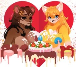 absurd_res akatosh anthro areola big_breasts blue_eyes blue_nipples blue_penis breast_squish breasts breasts_frottage brown_body brown_eyes brown_fur brown_hair cake canid canine dessert duo ear_piercing female female/female food fox fukksitacin fur genitals hair hi_res icing mammal mephitid nipples nude penis piercing skunk smile squish white_body white_fur yellow_body yellow_fur