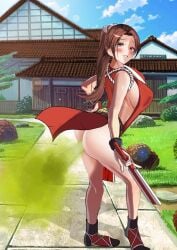 brown_eyes brown_hair bubble_butt fart fart_cloud fart_fetish farting fatal_fury king_of_fighters leaning_forward looking_back mai_shiranui no_panties sideboob smile snk